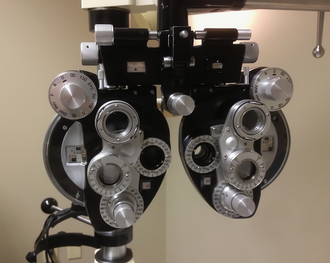 Close-up of clinical phoropter equipment used in visual assessment